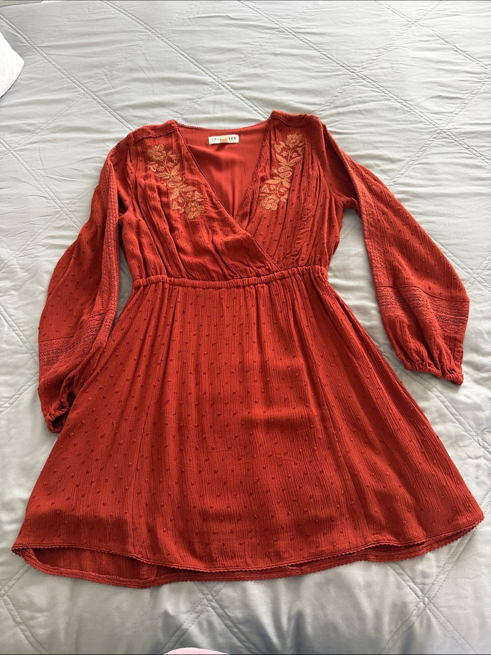 Idyllwind Rust Orange Embroidered V-Neck Long-Sleeve Mini Dress